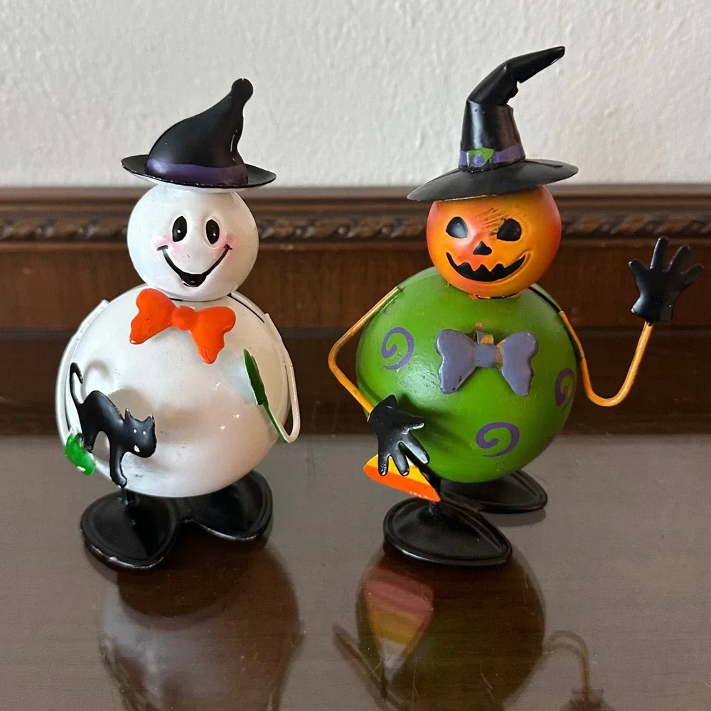 2‎ Halloween Metal Ghost and Pumpkin Figurine Set Spring Tabletop Decor 5 Inch